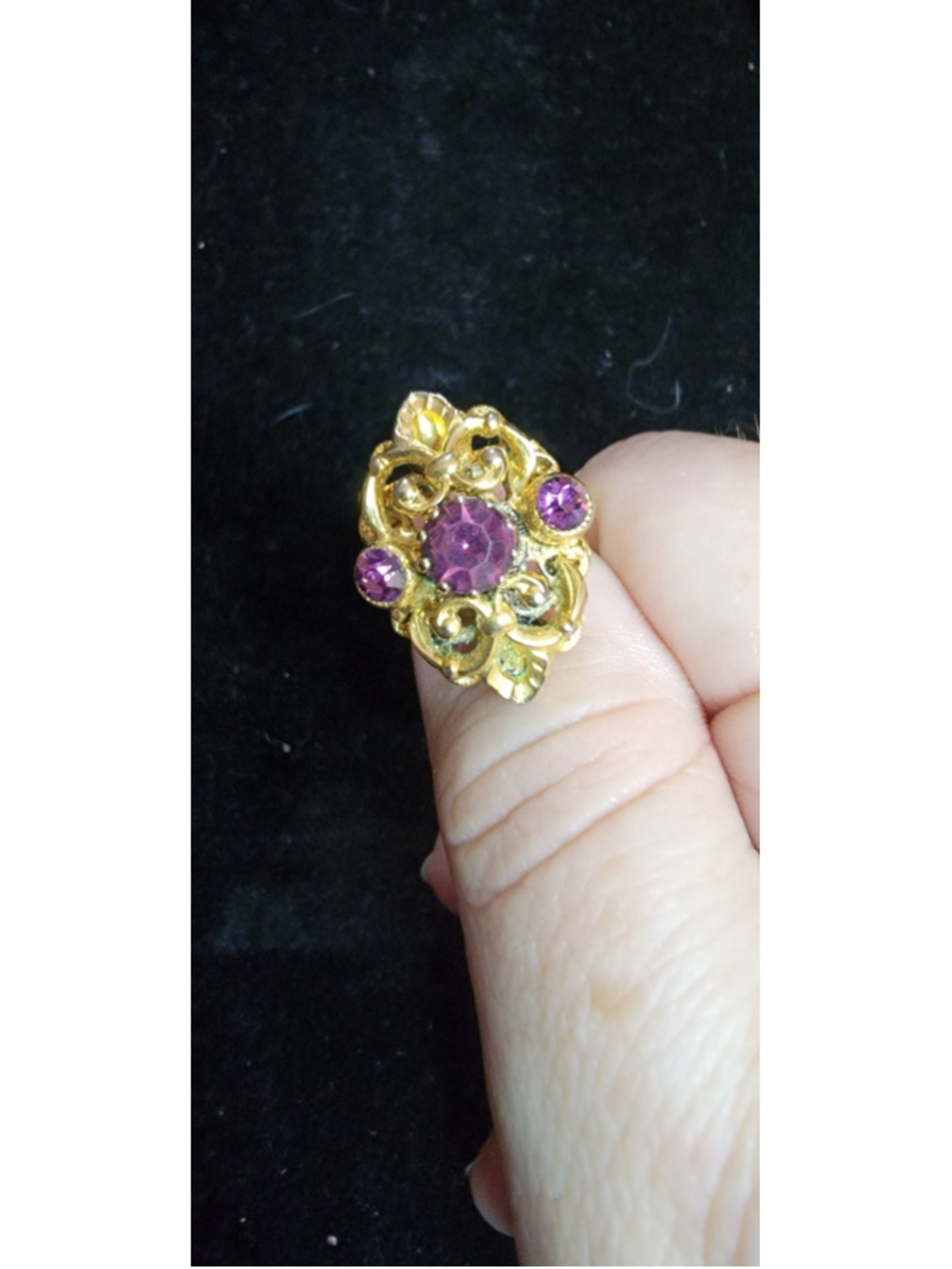 Vintage Gold Tone Filigree Purple Stone Statement Ring Adjustable Size